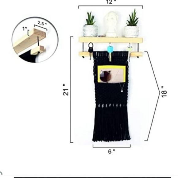 Maris Wood Floating Shelf with Black Macrame Organizing Accent Pocket & Hooks - Picture 2 of 7